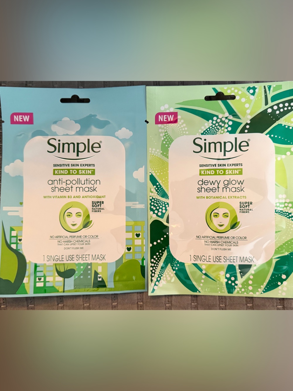 Simple Sheet Mask Duo. Dewy Glow & Anti-Pollution sheet Face Mask